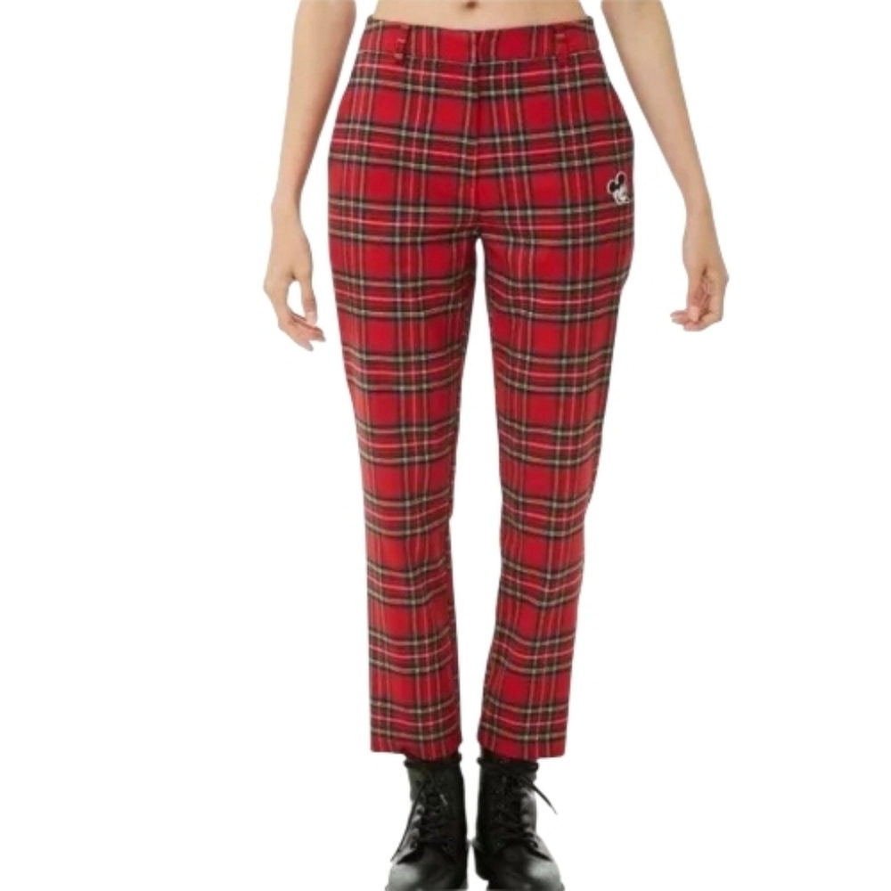 Disney x Forever 21 Pants Womens SZ M Red Plaid Trouser Mickey Mouse Patch